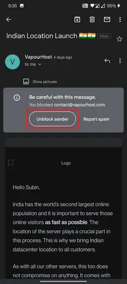 unblock sender gmail