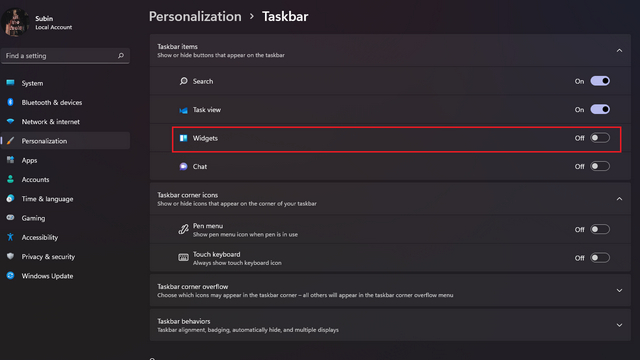 disable widgets taskbar settings