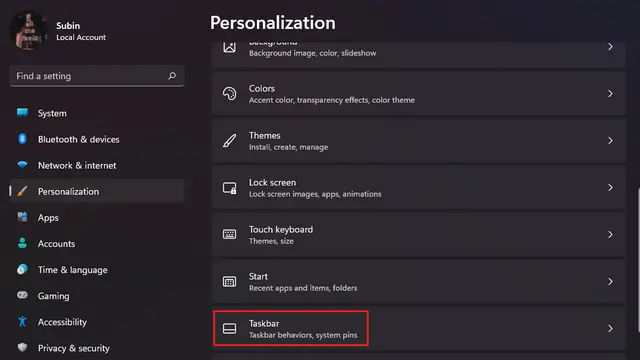 taskbar windows 11 settings app