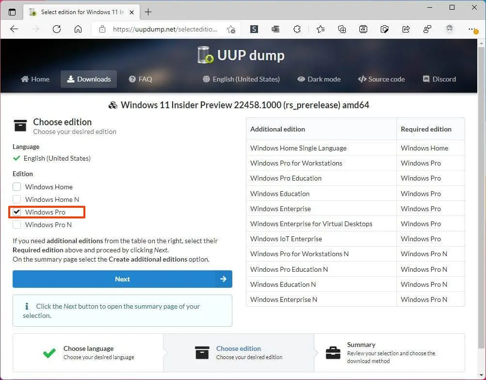 uup select windows 11 edition